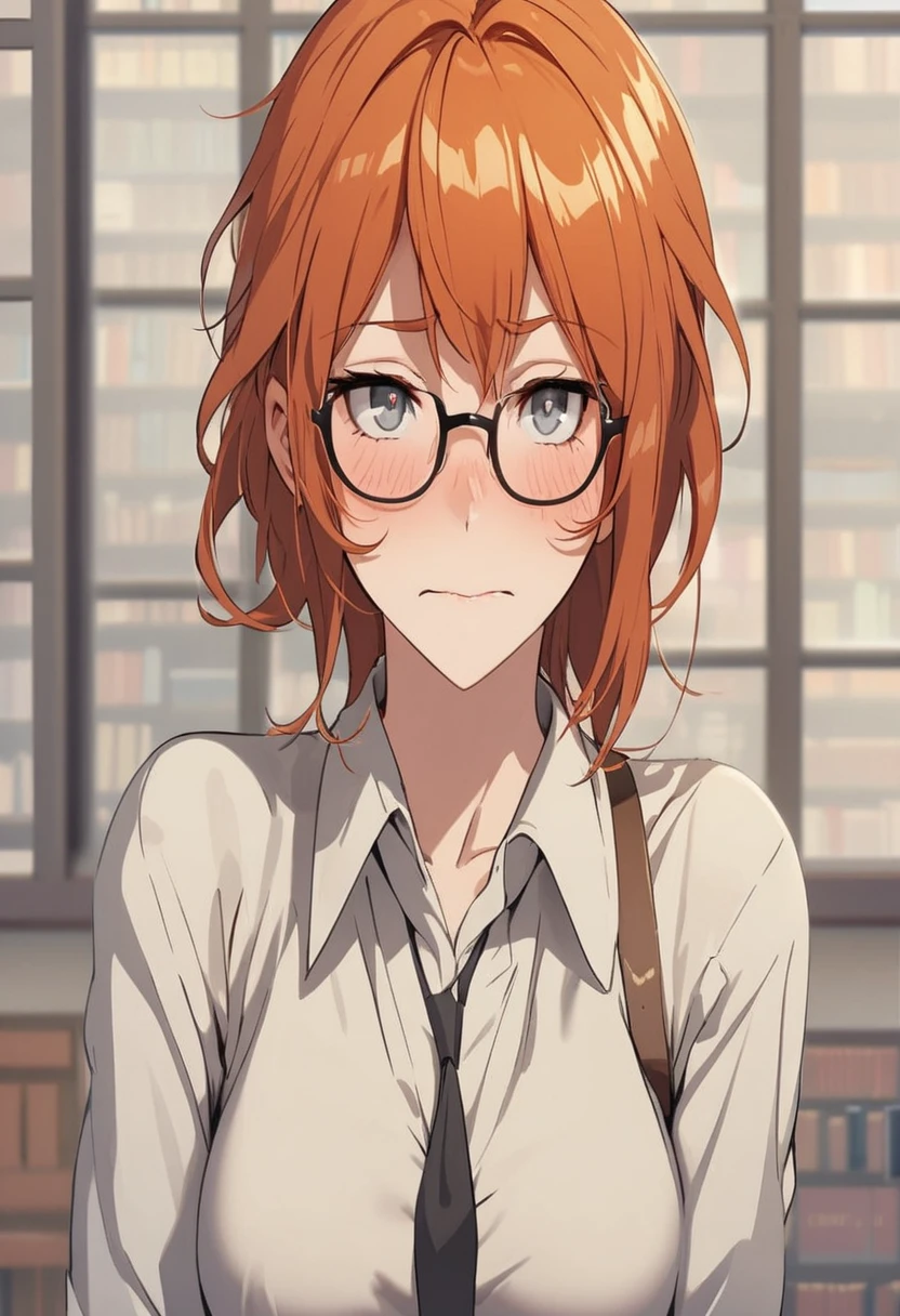 Adult female, short ginger hair, glasses, shy, grey eyes, embarrassed, library, highly detailed, perfect eyes, white shirt with thin black neck tie