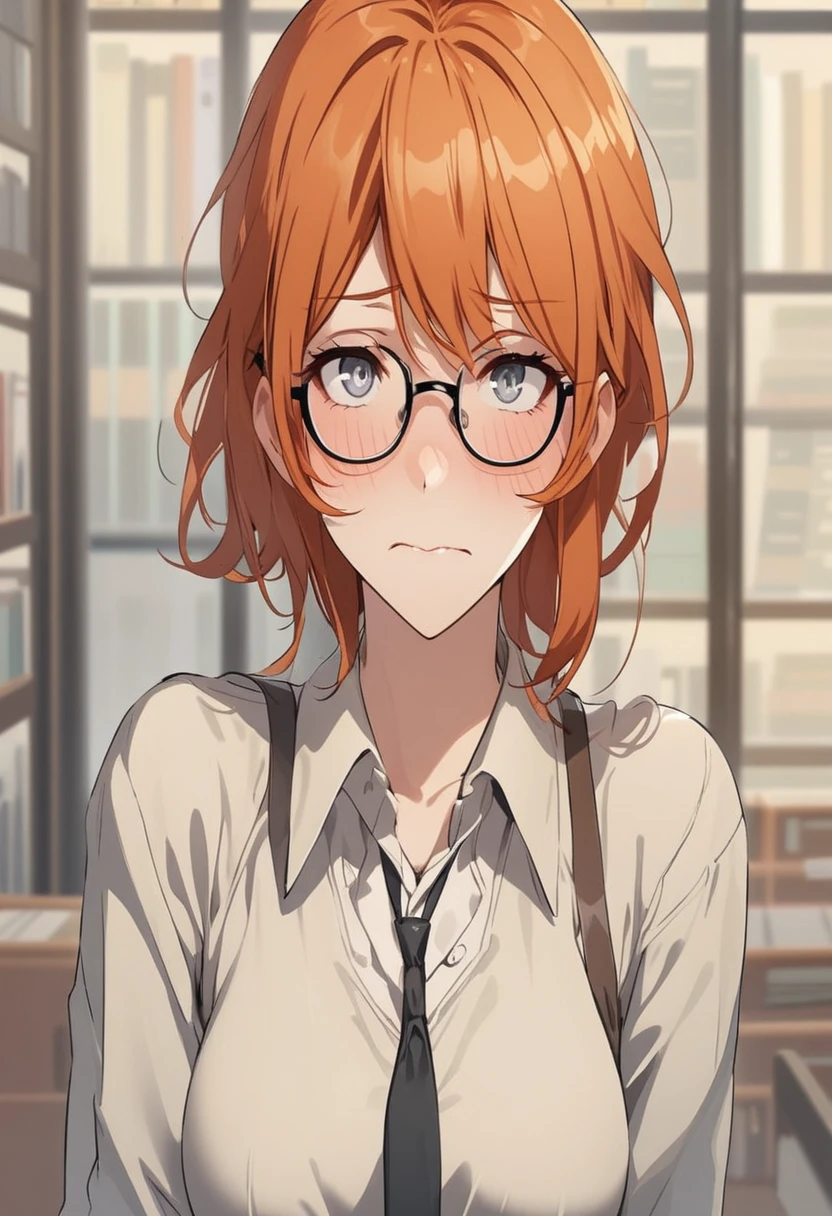 Adult female, short ginger hair, glasses, shy, grey eyes, embarrassed, library, highly detailed, perfect eyes, white shirt with thin black neck tie