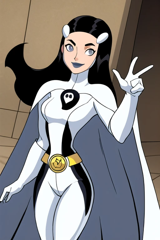 Phantom girl, Tinya Wazzo, solo, girl1, black hair, bodysuit. grey eyes, smile, legs, grey lips, belt, white cape, white gloves, best quality, masterpiece, cowboy shot, cape shelding, 