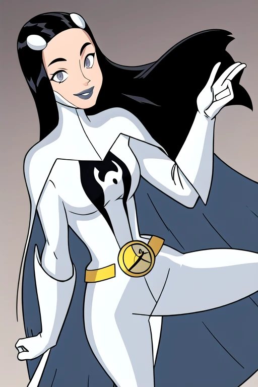 Phantom girl, Tinya Wazzo, solo, girl1, black hair, bodysuit. grey eyes, smile, legs, grey lips, belt, white cape, white gloves, best quality, masterpiece, cowboy shot, cape shelding,