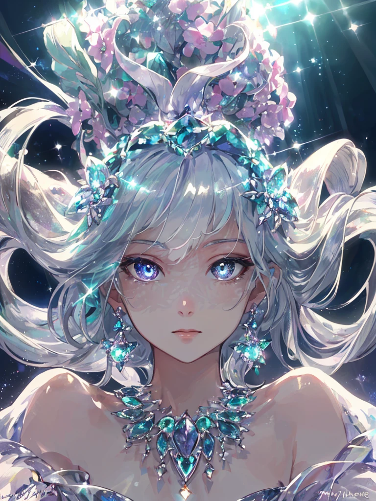 masterpiece, highest quality, figure, alexandrite eyes and hair, platinum earrings, Platinum Necklace, white dress, The Little Mermaid, cute, (dynamic lighting:1.2), cinematic lighting, delicate features, fine eyes, sharp pupils, realistic student, Depth of bounds written, Bokeh, sharp focus, (very detailed, bloom, shine:1.4), Many Small Gems
