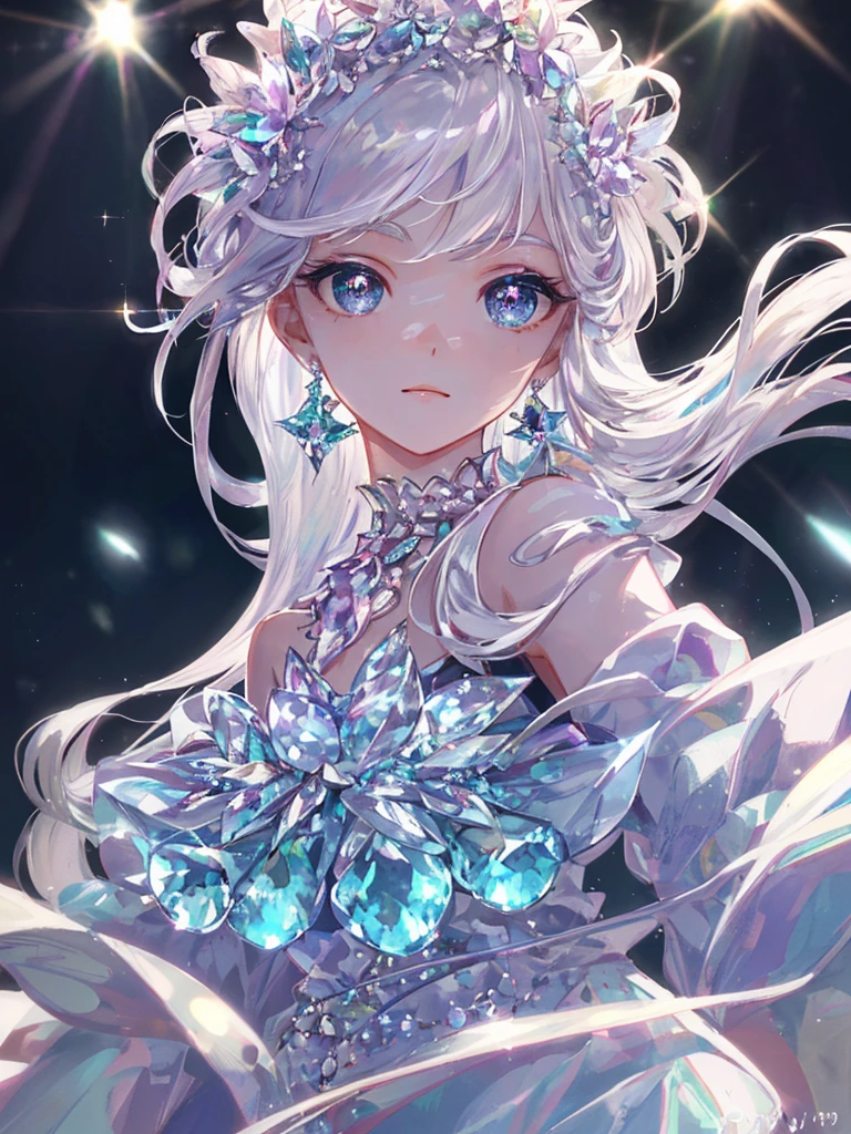 masterpiece, highest quality, figure, alexandrite eyes and hair, platinum earrings, Platinum Necklace, white dress, The Little Mermaid, cute, (dynamic lighting:1.2), cinematic lighting, delicate features, fine eyes, sharp pupils, realistic student, Depth of bounds written, Bokeh, sharp focus, (very detailed, bloom, shine:1.4), Many Small Gems