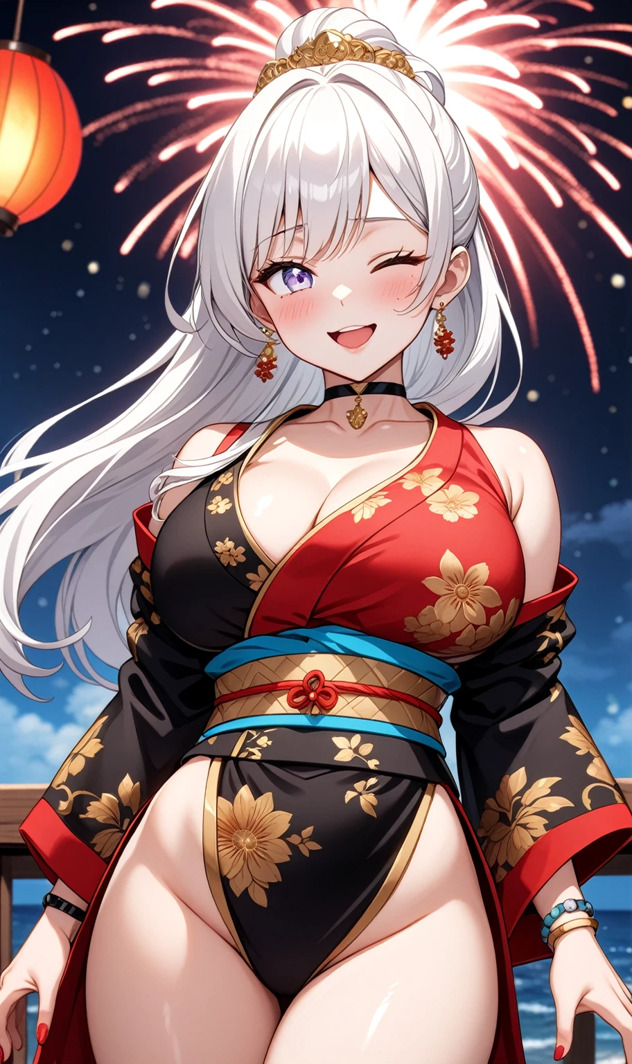 ((One personの女性)), Beautiful Face, embarrassed,  (looking through legs), ((Wink:1.8)), Laugh with your mouth wide open,((Bright red cheeks:1.4)),Shiny red lips,night,coastal,You can see the ocean, firework,Laughing with your mouth open,Glossy pink lips,Facial lighting,((Anime style background)),masterpiece, Highest quality, so beautiful,up to date, Complex details, (Pink long nails), (ring),(bracelet),(choker),AI-generated, Complex,High resolution, Highest quality, super high quality,3D Images、3D Images,One person,Long white hair,High Ponytail,(blue eyes),Anime woman posing for a photo, ((Fine grain、Silvery white colorful eyes、Shining Eyes:1.3)),(Squint your eyes:1.1),a hyperRealistic , hyperRealistic , Realistic,Anime woman with long white hair, Smooth anime CG art, A woman in a colorful kimono with gold embroidery, (Black long sleeve kimono),Red floral pattern,Long flower hair ornament,Earrings,Mature Body,(Big Breasts:1.1),Tall,Abdominal muscles,Narrow waist,(Zoom up to face),(front view),