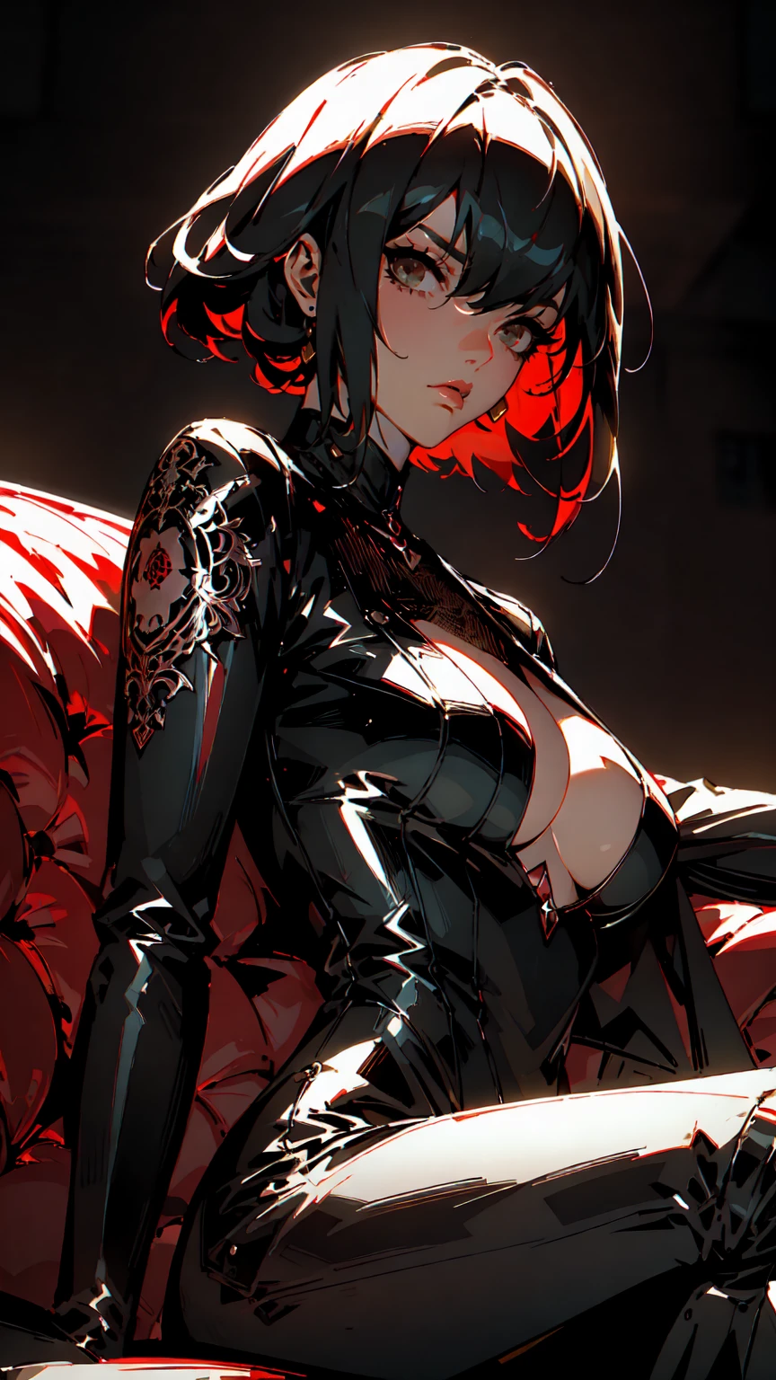 (Masterpiece, Best Quality, Ultra High Resolution , Digital Art,Beautiful and Aesthetic ) . ( One Fashionable adult girl with a short oblique bob, slender figure, expressive and dominating look ) in modern men's suit in youth style , matte black color , lovely thin white but long tie , (silk thick threads of red color connect the necklines on the sides of the whole suit) , . The character sits on a large massive sofa with lots of leather and metal patterns on it in vintage style , an interesting and atmospheric pose that characterizes the character ,(Photorealistic style combined 2.5D . Realistic picture , realistic anatomy , beautiful perspective . Best image quality , depth , pastel color , Natural shading , focus on the face , Big Hair ( black with red gelding ) , well detailed eyes , detailed background in modern boudoir style . )