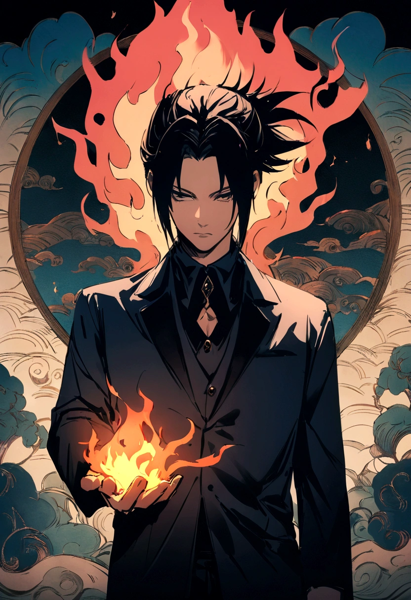 (best quality), oriental detailed background, one man wearing a black suit has flame power,   the man become one with flame , the man has sasuke uchiha hairstyle