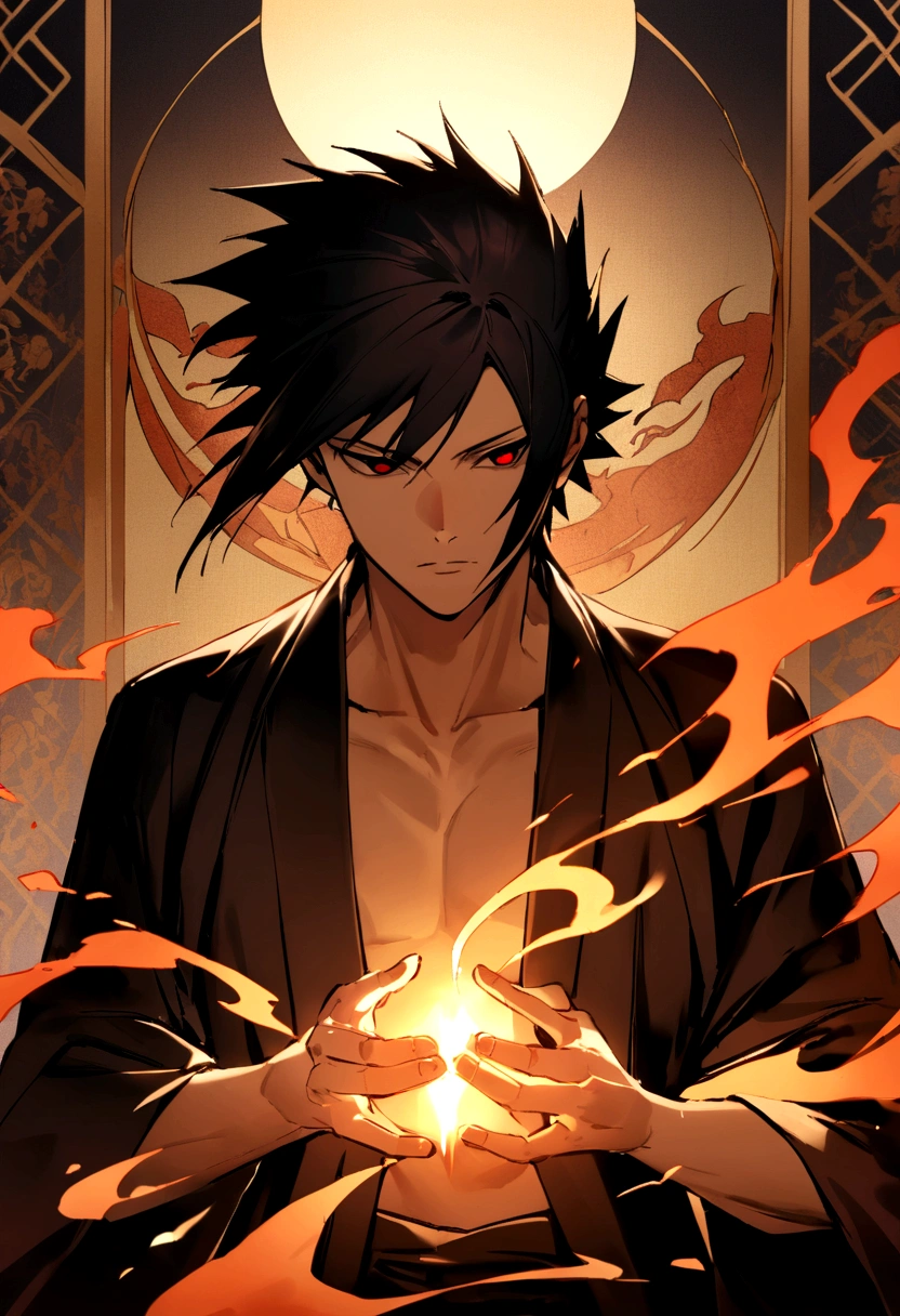 (best quality), oriental detailed background, one man wearing a black suit has flame power, the man become one with flame , the man has sasuke uchiha hairstyle
