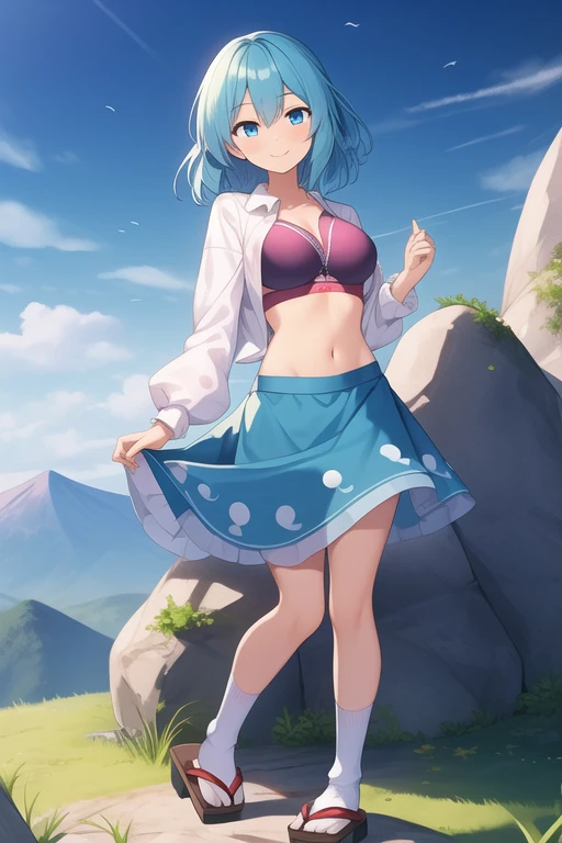 ((best quality)), ((masterpiece)), (detailed), 1girl, Touhou, Tatara Kogasa, medium sized breasts, smiling expression, blue hair, different colored eyes, red colored eye, blue colored eye, unzipped blue feminine blouse, long sleeves feminine blouse, light blue skirt, long socks, japanese sandals, girl on stone trail, village background, girl standing, full body, wide shot, short feminine blouse, opened feminine blouse, front opened feminine blouse, stomach, navel, sport bra