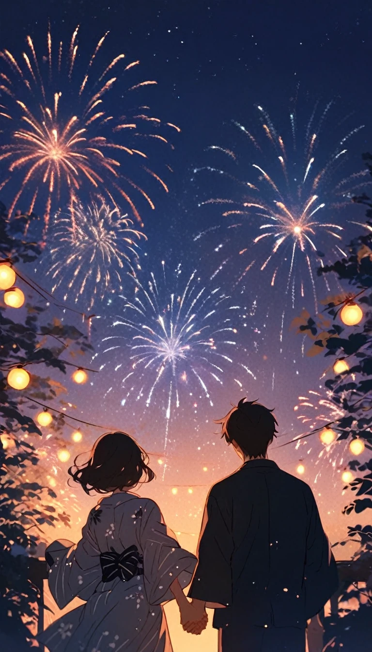 Lots of fireworks in the sky, twinkling lights, A girl in a yukata and a boy in a yukata, holding hands and looking up at the sky, from behind,