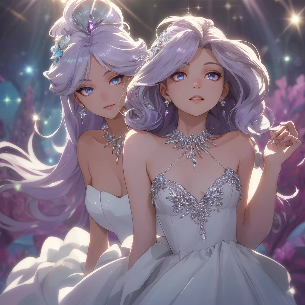 masterpiece, highest quality, figure, alexandrite eyes and hair, platinum earrings, Platinum Necklace, white dress, The Little Mermaid, cute, (dynamic lighting:1.2), cinematic lighting, delicate features, fine eyes, sharp pupils, realistic student, Depth of bounds written, Bokeh, sharp focus, (very detailed, bloom, shine:1.4), Many Small Gems