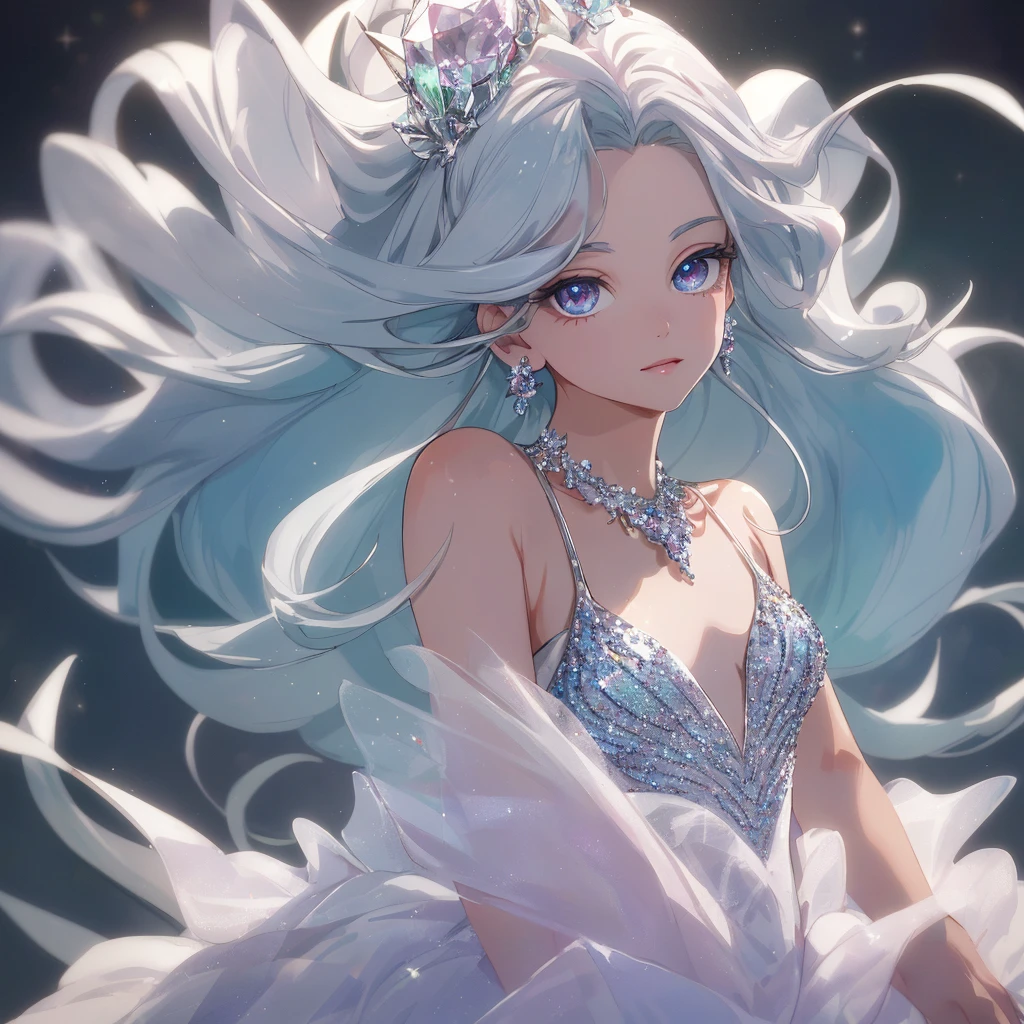 masterpiece, best quality, number, Alexandrite eyes and hair, Platinum earrings, Platinum necklace, White Dress, The Little Mermaid, Lovely, (Dynamic Lighting:1.2), light, Beautiful, Beautiful eyes, Sharp pupils, Realistic students, Boundary depth written, Bokeh, Clear focus, (Very detailed, bloom, shine:1.4), Many little gems, Large target