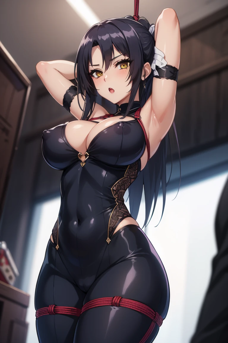 (highres, high quality:1.2), intricate details, cinematic lighting, sharp focus, depth of field, Ingrid, 1girl, mature female, (dark-skinned female:1.1), dark skin, standing, cowboy shot, looking at viewer, dungeon, determined, very long hair, hair intakes, makeup, lipstick, (mole under mouth:0.8), eyelashes, yellow eyes, detailed face, shy, blushing, :o, bodysuit, revealing clothes, large breasts, covered nipples, ((arms up, bdsm, bondage, surrounded by men, groped, breast grabbed)), busty, curvy, thic