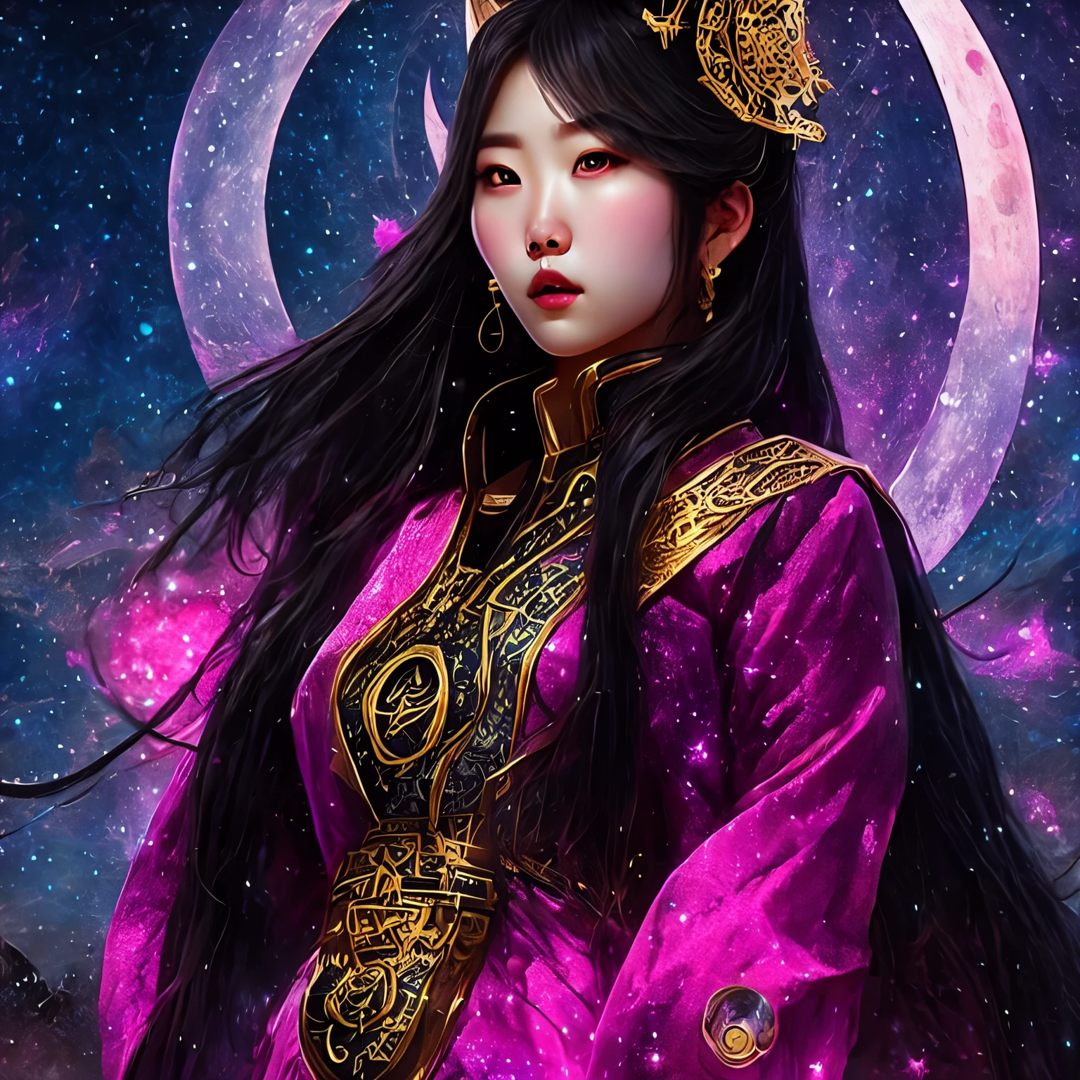 Create a high rendered, semi-realistic image of Morileth, the stunningly beautiful Korean moon goddess. She stands on a dark misty mountain under a starry night sky, adorned in a futuristic magenta battle dress with gold and black accents. Her outfit is inspired by sacred geometry and the moon, featuring intricate celestial runes and mystical symbols. Morileth holds a magenta whip in her left hand, crackling with energy and forming a crescent moon shape, while in her right hand, she grips a wand embedded with the 'pointstone,' which has the power to reveal multiple realities. Her hairstyle is a sleek bang with a small gold tiara perched on her head. The background is filled with many moons and a starlit sky, adding to the celestial ambiance. Render the scene with detailed textures, high-resolution quality, and a cosmic warrior aesthetic, focusing on realism and intricate details.