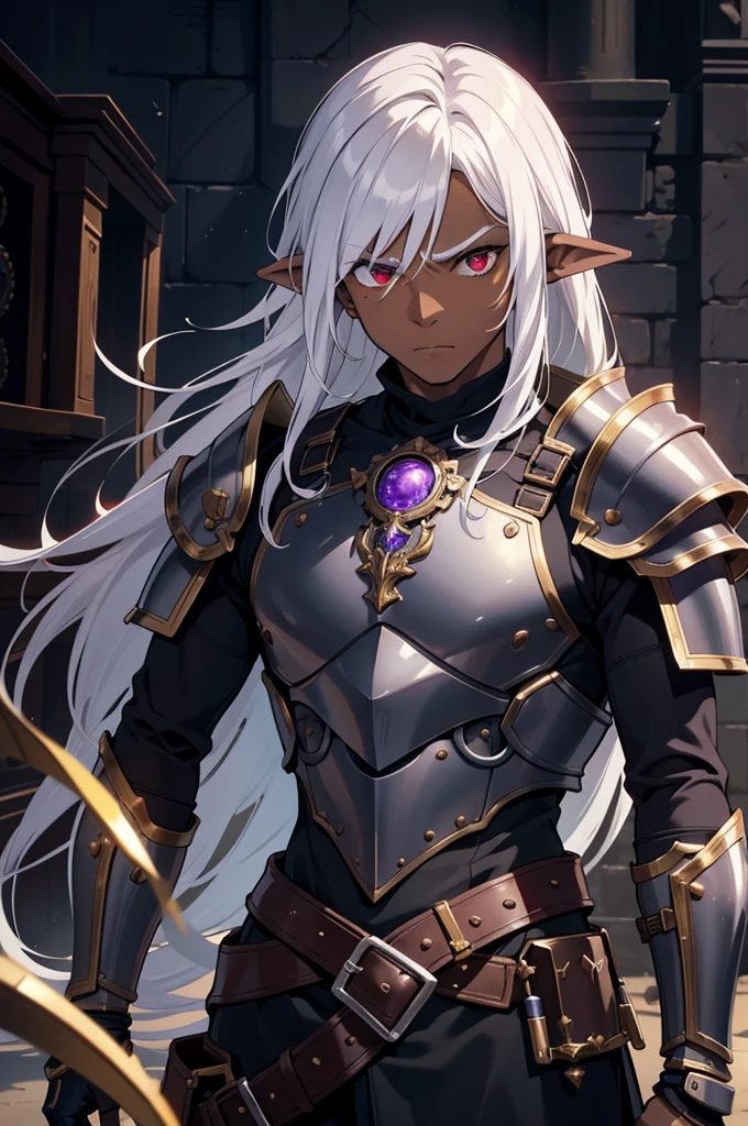 masterpiece, best quality, 8k, ultra high res, dark theme, 1boy, young man, (dungeonpunk armor), (mechanical steampunk armor), (wearing armor), fantasy illustration, dark skinned, human, upper body, portrait, red eyes, perfect eyes, long white hair, half-drow, pointy ears, serious face, young man, dramatic lighting, purple hue, art by Kinema Citrus