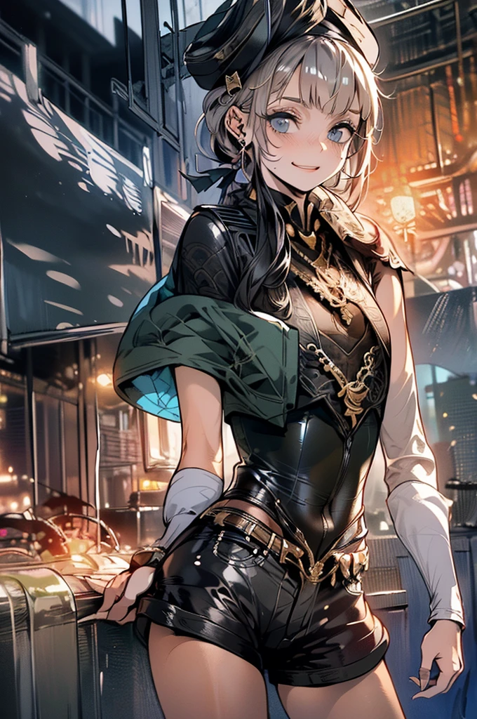 (masterpiece, very high quality, perfect anatomy) medieval world, 1 man, young, slender, small, thick thighs short silver hair, bangs, sea green eyes (black pirate hat, black vest, short leather shorts) exposed belly, on a pirate ship, slutty smile, flushed face, excited expression