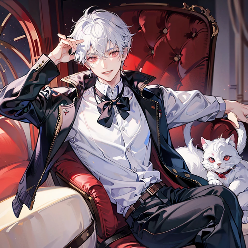 A solo cat boy, with white hair, red eyes, smile, photo pose, casual clothes, wearing jacket, bust up