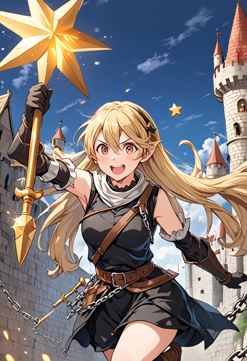 artwork, best qualityer, 2d anime style, White girl, Twin Tails Hair, long hair, blonde, blush cheeks, blue colored eyes, Black short jumpsuit, brown details, sleeveless, elbow gloves, waist belt, excited expression, sturdy body, medieval theme, RPG, fundo do castelo, holding a spiked star mace attached to a chain, In Motion. fully body, conceptual artwork, big brown boots