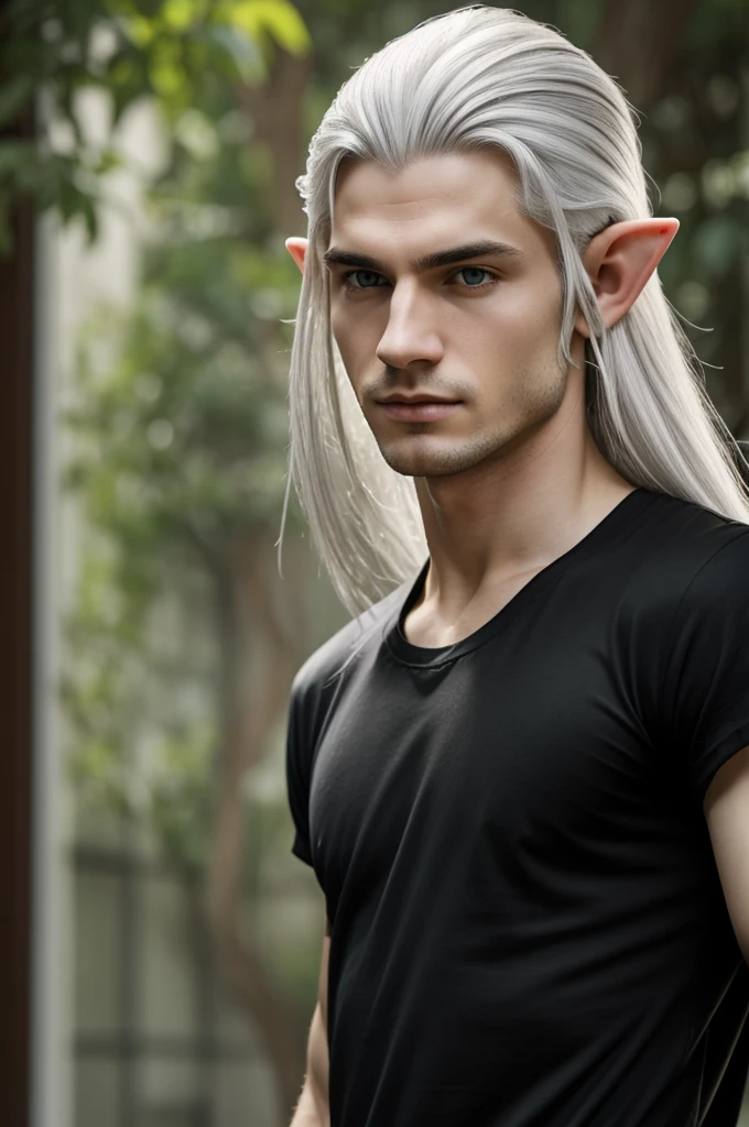 young man with white skin, somewhat long and unkempt gray hair, pointed elf ears, wearing a tight black t-shirt