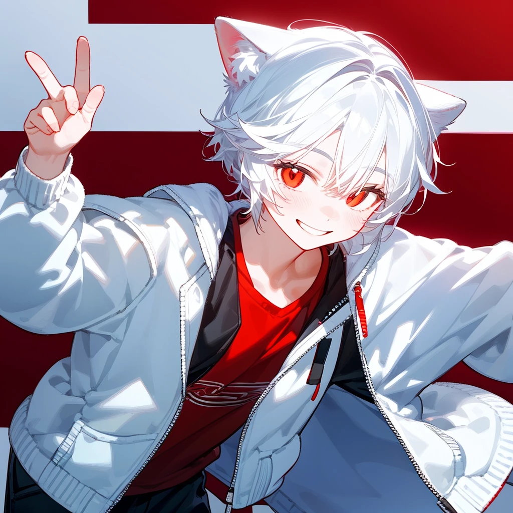 A solo cat boy, with white hair, red eyes, smile, photo pose, casual clothes, wearing jacket, bust up