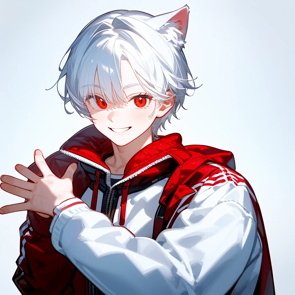 A solo cat boy, with white hair, red eyes, smile, photo pose, casual clothes, wearing jacket, bust up