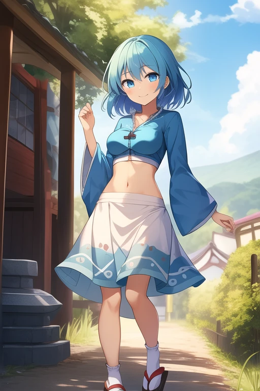 ((best quality)), ((masterpiece)), (detailed), 1girl, Touhou, Tatara Kogasa, medium sized breasts, smiling expression, blue hair, different colored eyes, red colored eye, blue colored eye, unzipped blue feminine blouse, long sleeves feminine blouse, light blue skirt, long socks, japanese sandals, girl on stone trail, village background, girl standing, full body, wide shot, short feminine blouse,  opened feminine blouse, front opened feminine blouse, stomach, navel, blue sport bra