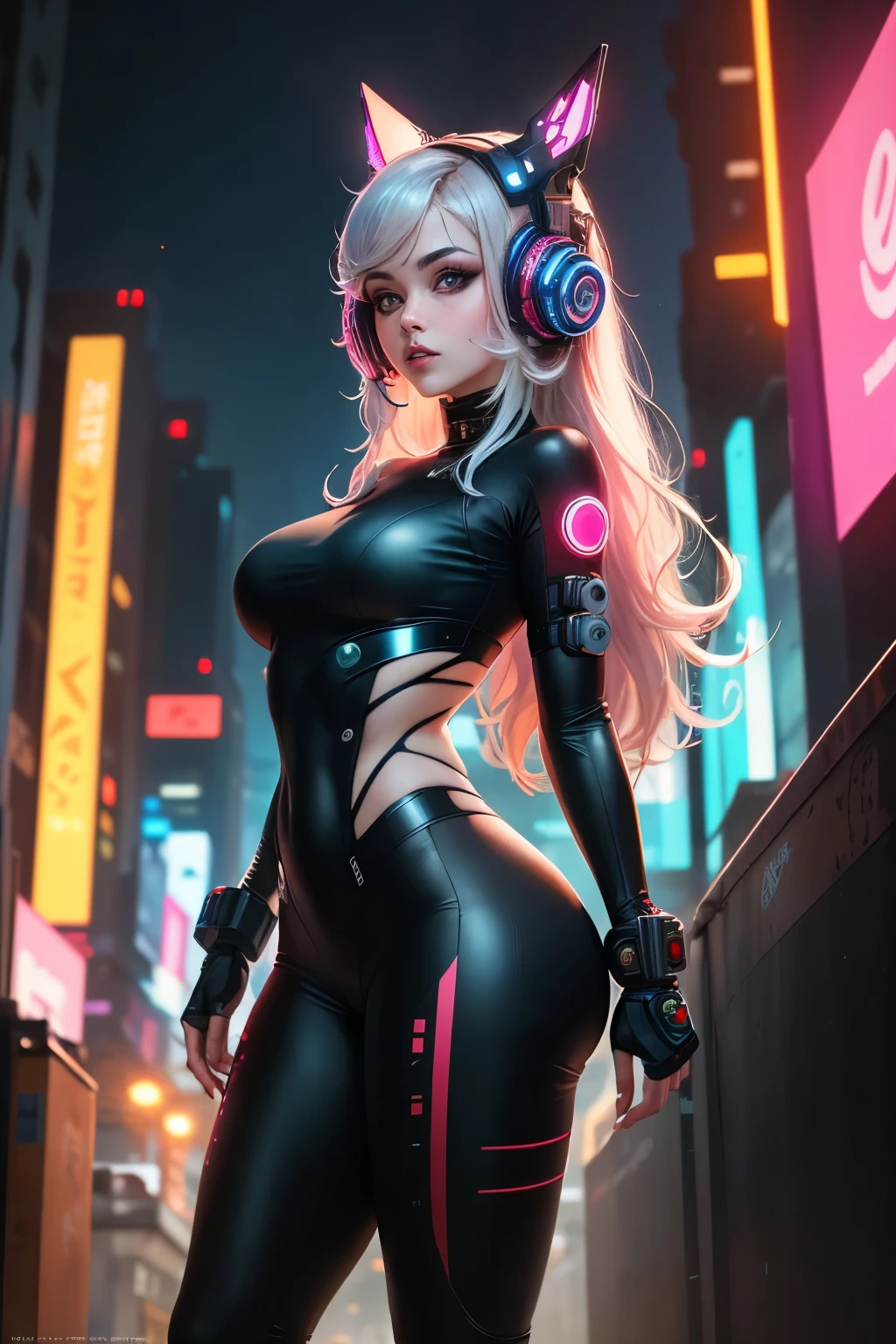 1 girl， solo， cyberhanfu， wearing long sleves， In red and black，daynamic pose,big , Cyberpunk-city， dynamicposes， head gear， hair adornments， long whitr hair， cyber punk perssonage， a high-tech city， Full of mechanical and futuristic elementirai， technologies