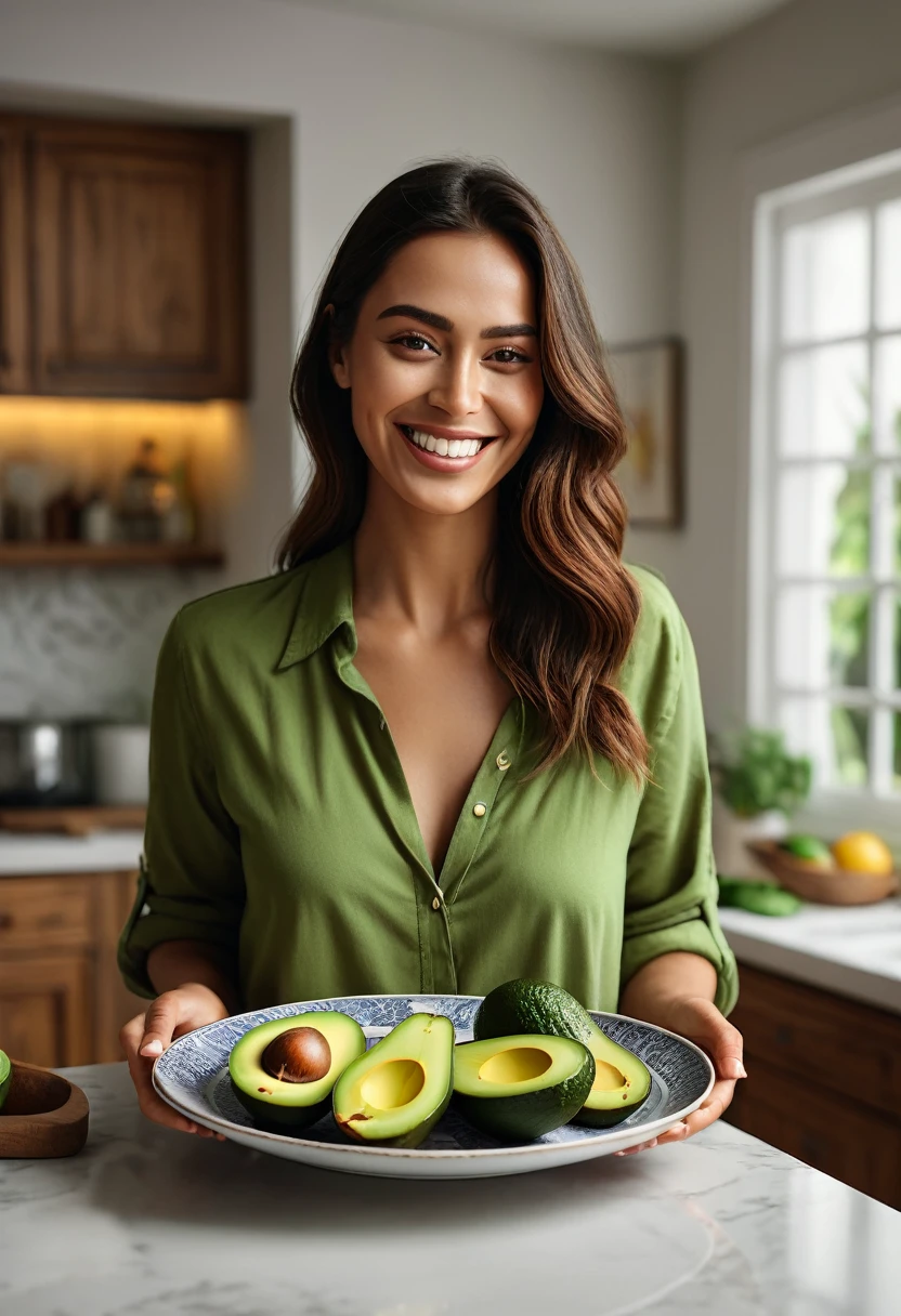 a woman holding a plate with sliced avocados, smiling at the camera, a cozy kitchen background, half body shot, photography, illustration, 3d render, ultra hd detail, sharpen details, painting, Digital painting, Cinematic, Hyper-detailed, insane details, Beautifully color graded, Unreal Engine, DOF, Super-Resolution, Megapixel, Cinematic Lighting, Anti-Aliasing, FKAA, TXAA, RTX, SSAO, Post Processing, Post Production, Tone Mapping, CGI, VFX, SFX, Insanely detailed and intricate, Hyper maximalist, Hyper realistic, Volumetric, Photorealistic, ultra photoreal, ultra-detailed, intricate details, 8K, Super detailed, Full color, Volumetric lighting, HDR, Realistic, Unreal Engine, 16K, Sharp focus, —v testp
