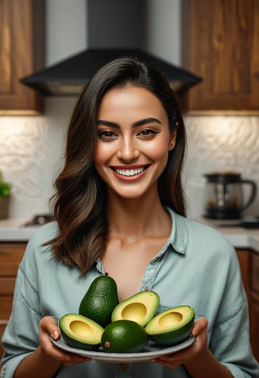a woman holding a plate with sliced avocados, smiling at the camera, a cozy kitchen background, half body shot, photography, illustration, 3d render, ultra hd detail, sharpen details, painting, Digital painting, Cinematic, Hyper-detailed, insane details, Beautifully color graded, Unreal Engine, DOF, Super-Resolution, Megapixel, Cinematic Lighting, Anti-Aliasing, FKAA, TXAA, RTX, SSAO, Post Processing, Post Production, Tone Mapping, CGI, VFX, SFX, Insanely detailed and intricate, Hyper maximalist, Hyper realistic, Volumetric, Photorealistic, ultra photoreal, ultra-detailed, intricate details, 8K, Super detailed, Full color, Volumetric lighting, HDR, Realistic, Unreal Engine, 16K, Sharp focus, —v testp

