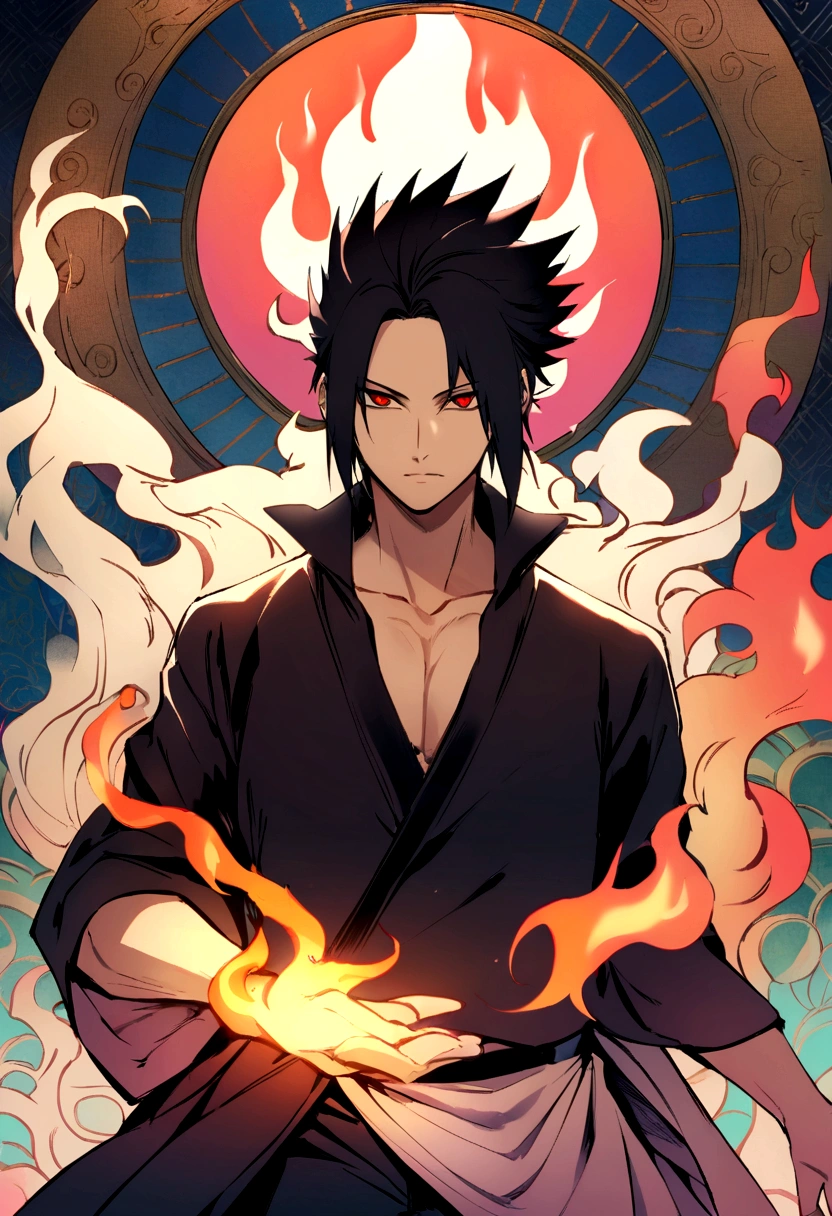 (best quality), oriental detailed background, one man wearing a black suit has flame power,   the man become one with flame , the man has sasuke uchiha hairstyle