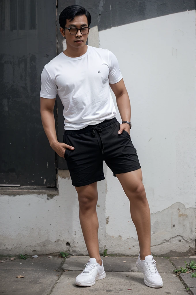 Indonesian man White shirt Black shorts Black glasses Wearing shoes Highest quality