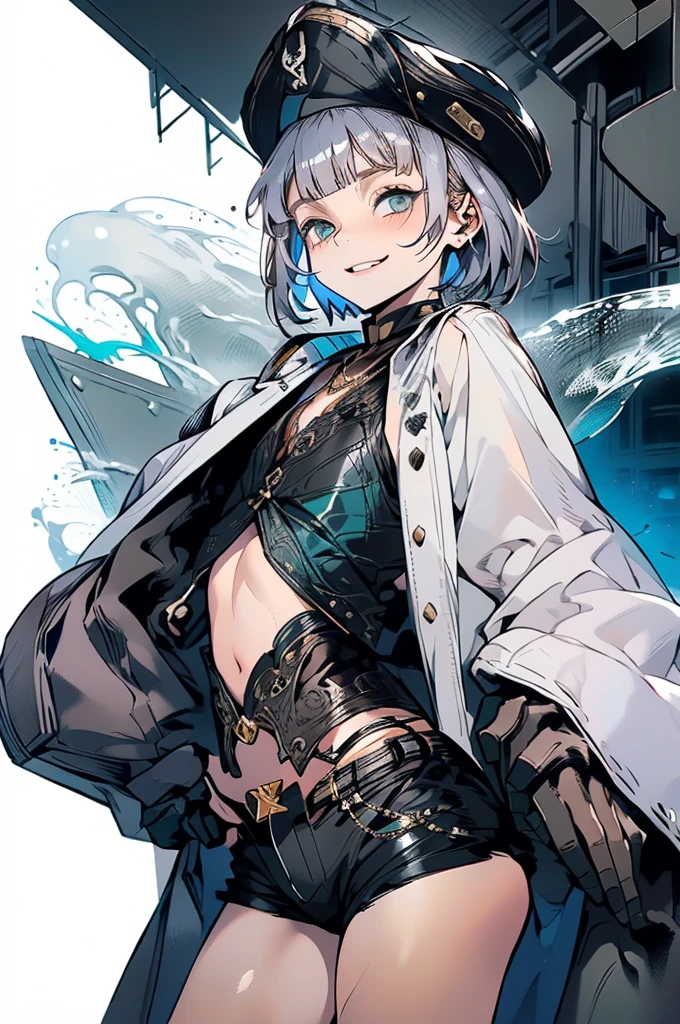 (masterpiece, very high quality, perfect anatomy) medieval world, 1 man, young, slender, small, thick thighs short silver hair, bangs, sea green eyes (black pirate hat, black vest, short leather shorts) exposed belly, on a pirate ship, slutty smile, flushed face, excited expression