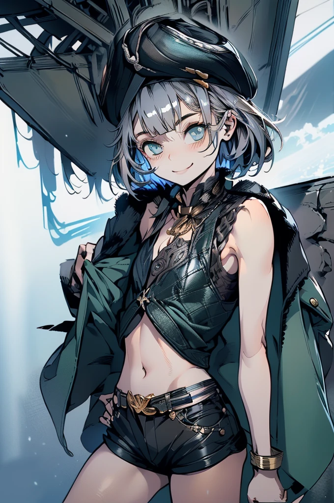 (masterpiece, very high quality, perfect anatomy) medieval world, 1 man, young, slender, small, thick thighs short silver hair, bangs, sea green eyes (black pirate hat, black vest, short leather shorts) exposed belly, on a pirate ship, slutty smile, flushed face, excited expression