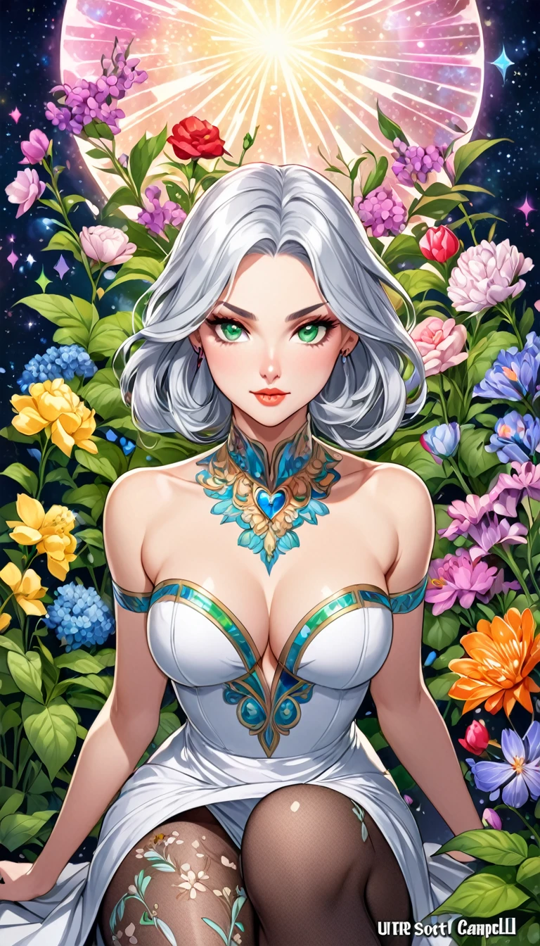 A glorious sunrise,stele, heart, Rainbow Spectrum, fund, in mint white lavender chic hair, cake, mixed language_SMS, (beautiful and clear background:1.2),, fantastic paintings , Lace eye with high detail, braids longas, braid, kosmos, Galaxy, long hair, cool hairstyle, Plant flora, amorous, Amemos, cabelo ultra detaild, best qualityer, tall quality, high resolution, detail enhancement, ((most beautiful image in the world)), work of art, best qualityer, detail enhancement de alta qualidade, ((most beautiful image ), shiny hair, ultra chic printed dress, Stampa Flores, mesh pantyhose,, arte de stjepan sejic, arte de j scott campbell, art by Guillem March, arte por citemer liu, 4K, high resolution, comic book character, comic, high quality detailed, style of ::2.0 style of ilustração comix,tattoo style, tall quality, high resolution, detail enhancement, 8K, High definition, best qualityer, tall quality, high resolution, detail enhancement, 8K, High definitionR, sharp focus, ultra detaild, perfect lighting, curvy body, Lush breasts, Curvy hips,Tia shows to have a very slender figure. She has grayish-white hair , she has short hair and big light green eyes. sitting on the devil's throne wearing devil horns and a sexy and hot outfit. Underneath it are many snakes and behind it there are many demons. Terror and darkness. realisitic, top-quality.
