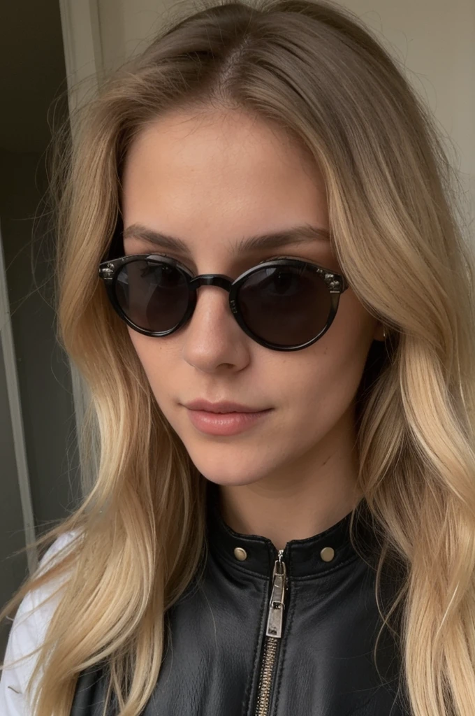 Photo en mode selfie, beautiful blonde ,very detailed, 20 ans, portant des lunettes de soleil, portant un blouson en cuir noir, natural beauty, visage innocent, Longhaire, high resolution, head of'artwork, best quality, intricate details, very detailed, sharpness, detailed skin, texture de peau realistic, texture, detailed eyes, Professionnel, 4K, charming smile, shot with Canon, 85mm, shallow depth of field, Kodak Vision Color, corps parfaitement ajusté , extremely detailed, la photographie_(ultra), photorealistic, realistic, Post-traitement, Maximum details, roughness, real life, ultra realistic, photorealism, la photographie, 8K UHD, la photographie, tetas grandes