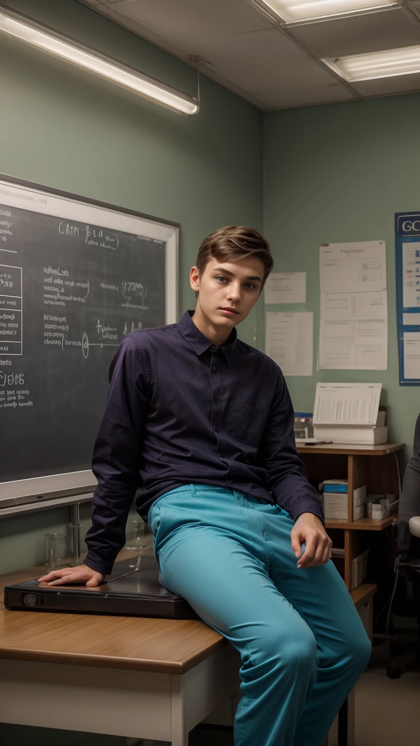 A cute, beautiful twink male young man with a face with makeup and black hair. He is wearing a long-sleeved, pink shirt and aqua blue pants. He is in his scientific office, sitting with medical scientific books next to him, and behind him is a blackboard with calculus written on it. Neon waves emerge from the blackboard. The scientific desk is a medical model looking on proudly.