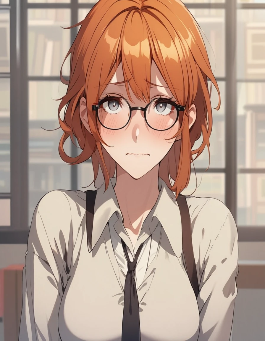Adult female, short ginger hair, glasses, shy, grey eyes, embarrassed, library, highly detailed, perfect eyes, white shirt with thin black neck tie