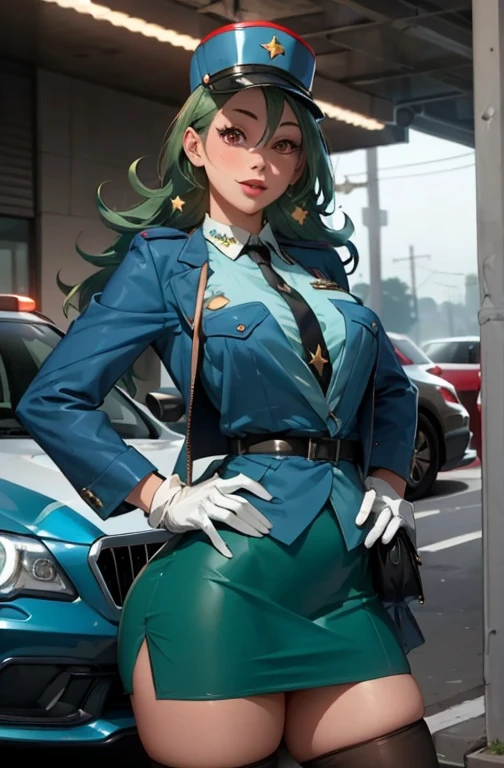 (masterpiece, best quality:1.2) officer jenny, pokemon, 1girl, solo, long hair, breasts, looking at viewer, smile, red eyes, green hair, huge breasts, green hair, white gloves, police hat, miniskirt, bag, star (symbol), uniform, blue skirt, hand on hip, blue shirt, pencil skirt, brown pantyhose, motor vehicle, ground, vehicle, police uniform, simple background, skirt suit, (((three-piece suit))), (((necktie))), blazer, (((suit jacket))), (((waistcoat))), double-breasted waistcoat, bodycon miniskirt, 