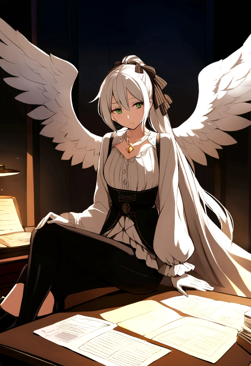 Ribbon tie in ash-white hair ponytail, green eyes, White Victorian Blouse High Low Irregular Ruffles Lotus Hem, Black Flare Pants with Sash Floral, White Swan Gloves, Black Knee High Mid Calf Boots, Platinum bow with diamond gem necklace, Rose gold wedding ring with diamond gem, angel wings on the side of her head, detective, in office, looking at file, curious face, pale skin.