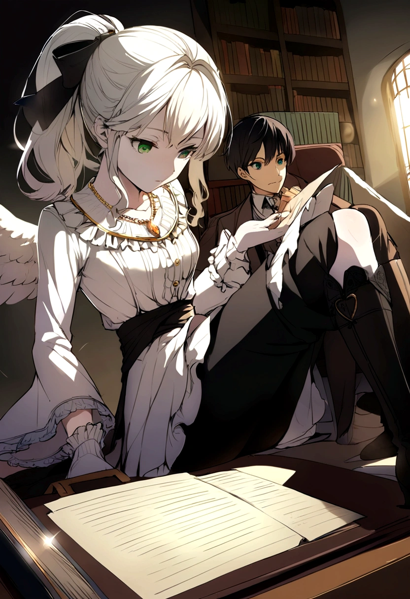 Ribbon tie in ash-white hair ponytail, green eyes, White Victorian Blouse High Low Irregular Ruffles Lotus Hem, Black Flare Pants with Sash Floral, White Swan Gloves, Black Knee High Mid Calf Boots, Platinum bow with diamond gem necklace, Rose gold wedding ring with diamond gem, angel wings on the side of her head, detective, in office, looking at file, curious face, pale skin.