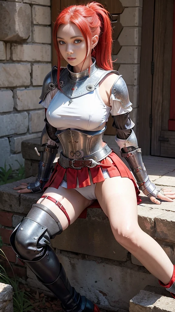 Red-haired warrior girl, young girl, pretty face, thin girl, pretty girl, skinny girl, She's wearing a plate armor, medieval armor, steel breastplate, steel gauntlets, steel gloves, (red miniskirt: 1.5), (sitting, spread her legs: 1.1), (her panties are showing: 1.2), you can see her panties, underwear, pantyshot, upskirt, (cameltoe: 1.3), (white panties), panties appearing, medieval fantasy, Dungeons and dragons, RPG character, best quality, (masterpiece), 8k
