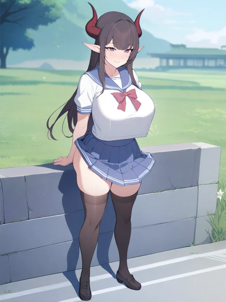 masterpiece, best quality, high quality, beautiful anime character, solo, anime girl with dark hair, long hair, small evil horns, elf ears, purple eyes, big breasts, mature female, big girl, thick, light smile, outdoors, almost full body, (sailor uniform, ribbon, pleated skirt, thighhighs), ((skirt futanari, futa, penis_under_skirt, perfect penis, perfect face)),
