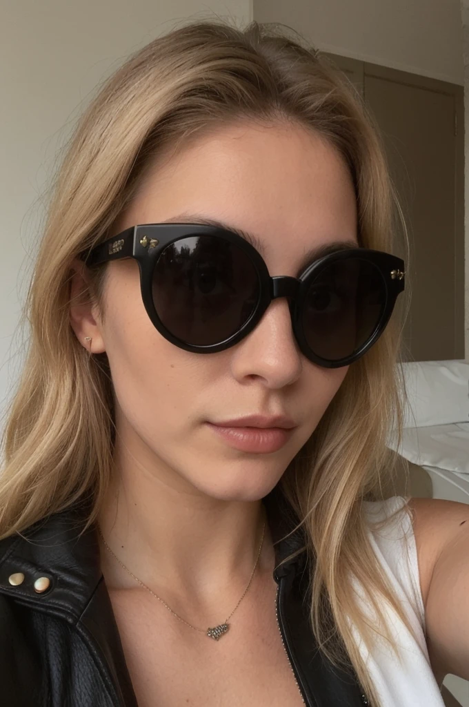 Photo en mode selfie, beautiful blonde ,very detailed, 20 ans, portant des lunettes de soleil, portant un blouson en cuir noir, natural beauty, visage innocent, Longhaire, high resolution, head of&#39;artwork, best quality, intricate details, very detailed, sharpness, detailed skin, texture de peau realistic, texture, detailed eyes, Professionnel, 4K, charming smile, shot with Canon, 85mm, shallow depth of field, Kodak Vision Color, corps parfaitement ajusté , extremely detailed, la photographie_(ultra), photorealistic, realistic, Post-traitement, Maximum details, roughness, real life, ultra realistic, photorealism, la photographie, 8K  UHD, la photographie, tetas grandes