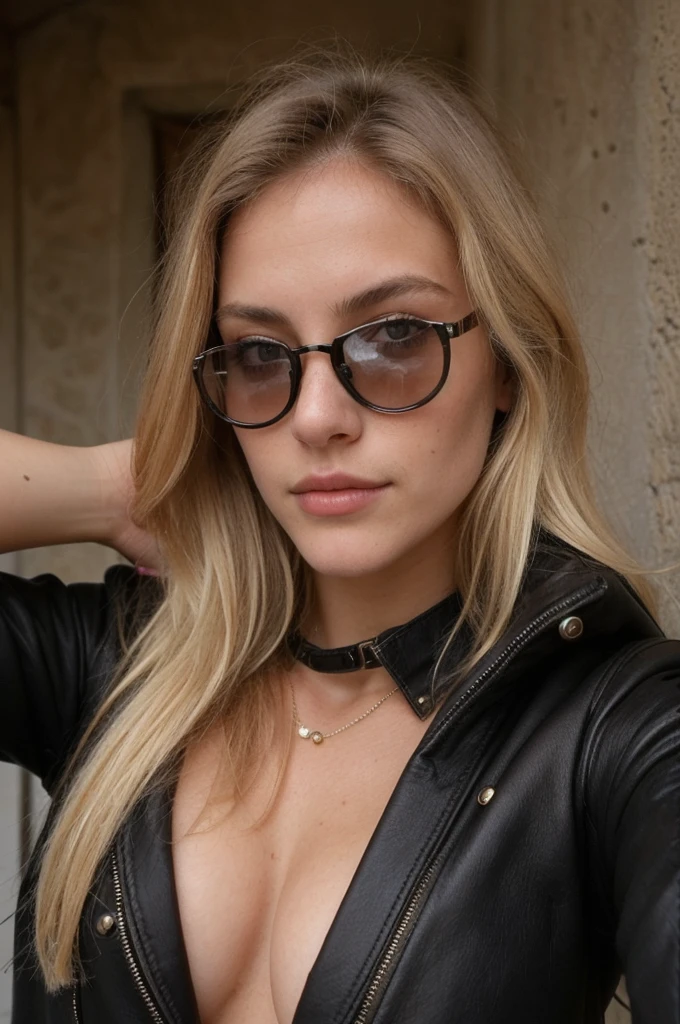 Photo en mode selfie, beautiful blonde ,very detailed, 20 ans, portant des lunettes de soleil, portant un blouson en cuir noir, natural beauty, visage innocent, Longhaire, high resolution, head of&#39;artwork, best quality, intricate details, very detailed, sharpness, detailed skin, texture de peau realistic, texture, detailed eyes, Professionnel, 4K, charming smile, shot with Canon, 85mm, shallow depth of field, Kodak Vision Color, corps parfaitement ajusté , extremely detailed, la photographie_(ultra), photorealistic, realistic, Post-traitement, Maximum details, roughness, real life, ultra realistic, photorealism, la photographie, 8K  UHD, la photographie, tetas grandes