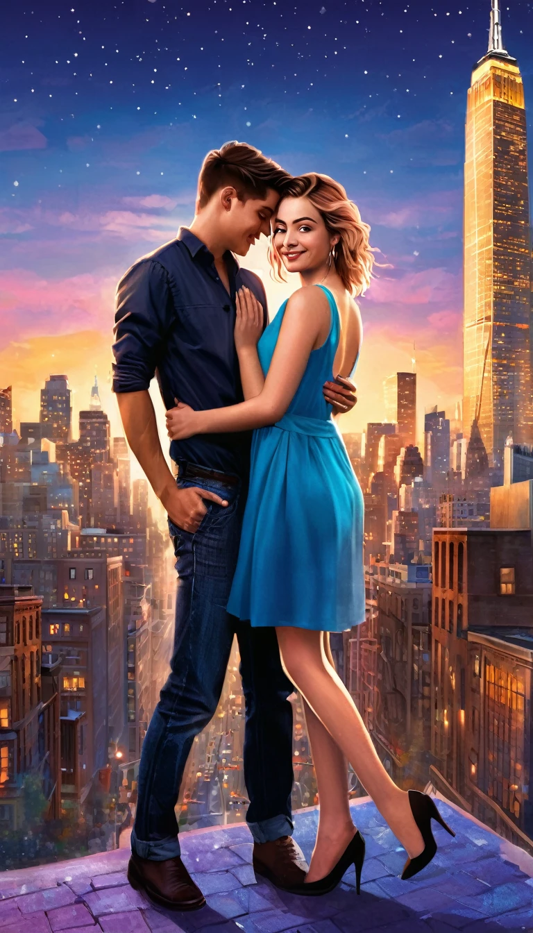 Creating a realistic world-class novel storybook cover tThe cover features an artistic depiction of a young couple in a playful pose, set against a backdrop of a bustling cityscape at dusk.