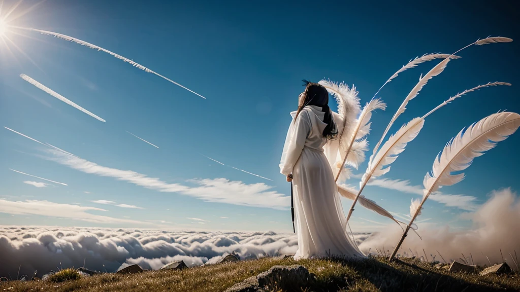 Above the Clouds(battlefield) ((long shot)), (full shot), night, alone, eyes closed, mouth open, singing, pile of rubble, side view, profile,
((numerous feathers in the sky)), battlefield, fire, ruins, high quality, grand piano on battlefield, lone pianist, angel, ((woman in white hoodie singing while playing piano)), ((two large white translucent multimeter feathers on woman's back)), cool woman, fantastic, long black hair ((fullshot)))