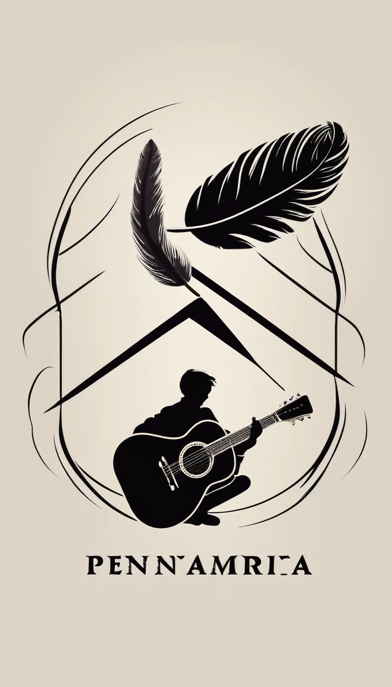 A minimal, modern, simple, cinematic logo design for the brand “Penamemoria". The logotype of a boy with a head of a feather playing acoustic guitar. The logo must convey a sense of music, stories and dreams. Minimalistic logo design of a boy dissolving into a feather of dreams and memories
