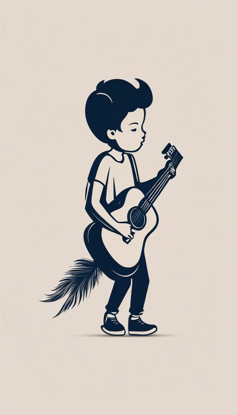 A minimal, modern, simple, cinematic logo design for the brand “Penamemoria". The logotype of a boy with a head of a feather playing acoustic guitar. The logo must convey a sense of music, stories and dreams. Minimalistic logo design of a boy dissolving into a feather of dreams and memories