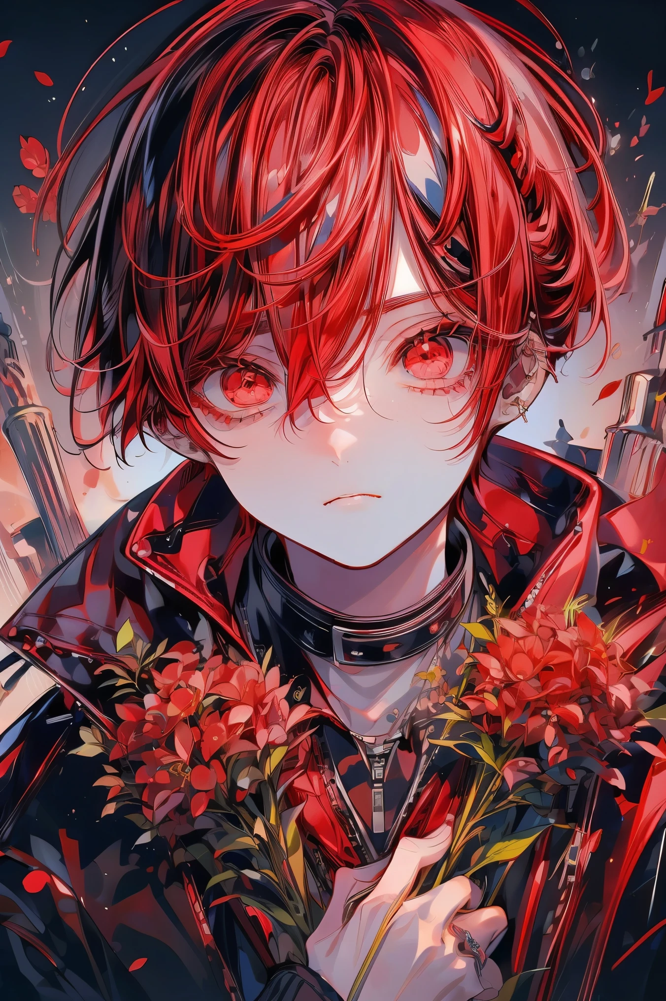 (Mastepiece), (Best Quality), Very detailed, (1 boy:1.5), Solo Shooting, Perfect Face, Beautiful Face, Very detailed顔,(Red hair:1.3),(Big eyes:1.4),(Long eyelashes:1.4)、(Red eyes:1.3)、Lots of flowers
