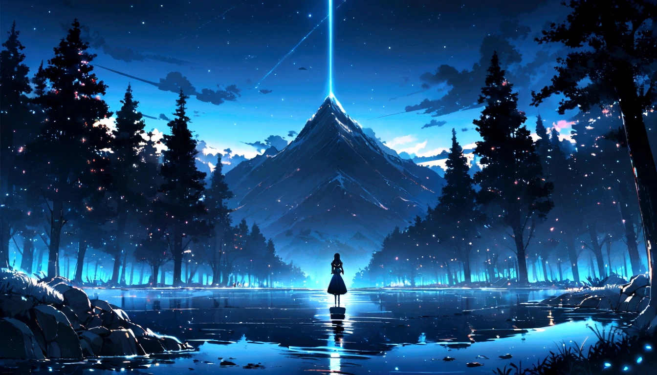 The trees are shining like neon lights, the water is blue, the sky is dark, and the stars are shining.