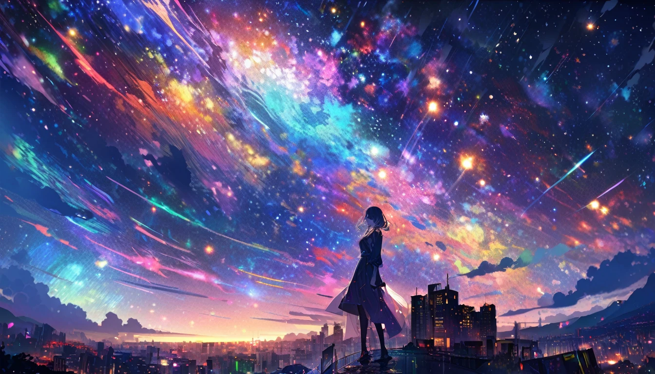 Angelic, detailed woman, midnight, nebula, after the rain, starry night, horizon, in the sky, city , colorful, high-res, 8K