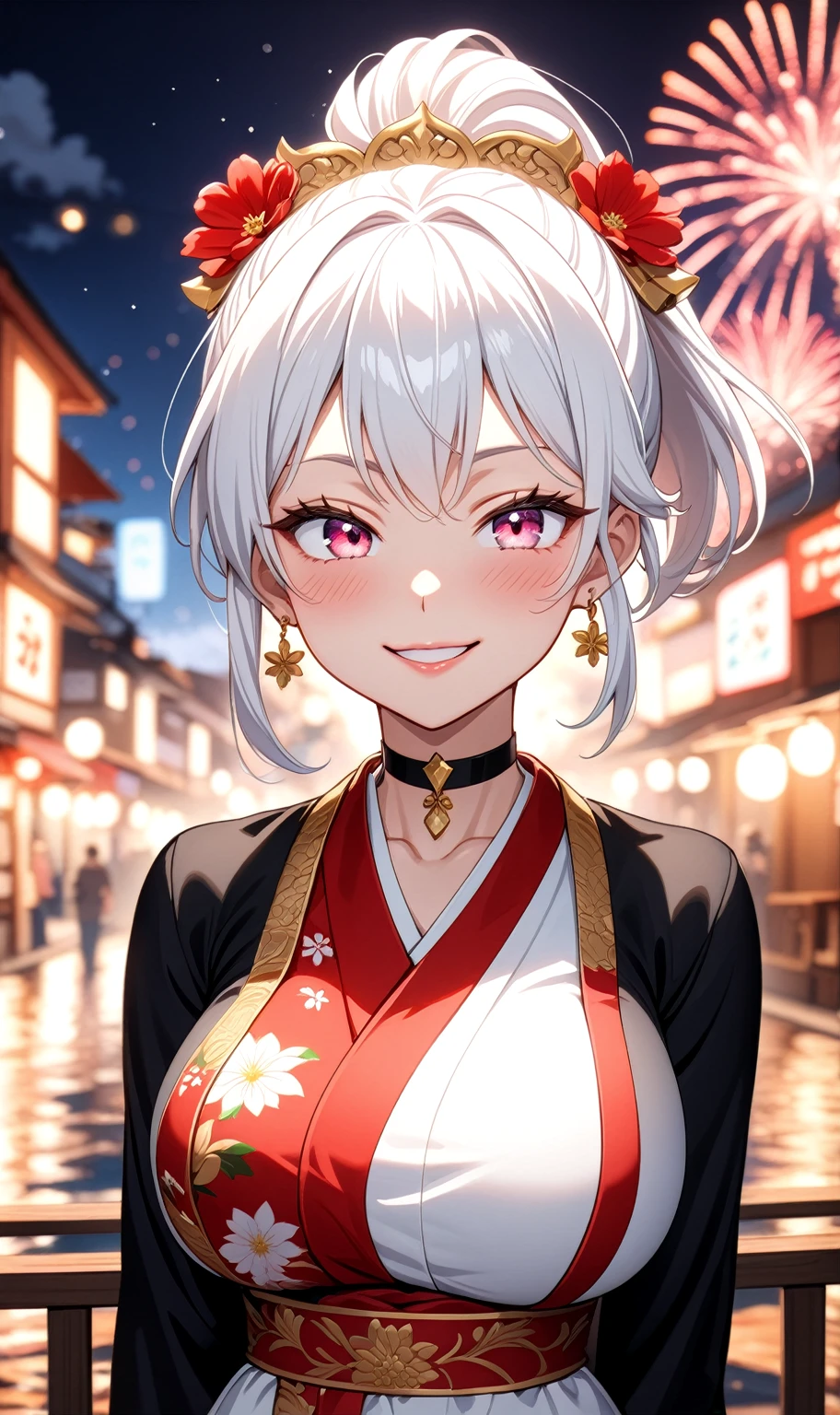 ((One personの女性)), Beautiful Face, embarrassed,  (smirk), ((Wink:1.8)), Laugh with your mouth wide open,((Bright red cheeks:1.4)),Shiny red lips,night,coastal,You can see the ocean, firework,Laughing with your mouth open,Glossy pink lips,Facial lighting,((Anime style background)),masterpiece, Highest quality, so beautiful,up to date, Complex details, (Pink long nails), (ring),(bracelet),(choker),AI-generated, Complex,High resolution, Highest quality, super high quality,3D Images、3D Images,One person,Long white hair,High Ponytail,(blue eyes),Anime woman posing for a photo, ((Fine grain、Silvery white colorful eyes、Shining Eyes:1.3)),(Squint your eyes:1.1),a hyperRealistic , hyperRealistic , Realistic,Anime woman with long white hair, Smooth anime CG art, A woman in a colorful kimono with gold embroidery, (Black long sleeve kimono),Red floral pattern,Long flower hair ornament,Earrings,Mature Body,(Big Breasts:1.1),Tall,Abdominal muscles,Narrow waist,(Zoom up to face:1.6),(dynamic angle),